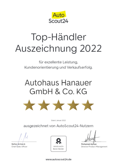 Händler Urkunde 2022 - AutoScout 24